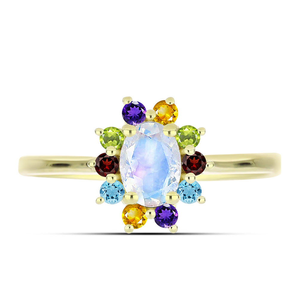 Goldplattierter Silberring mit Regenbogenmondstein und marokkanischem Amethyst