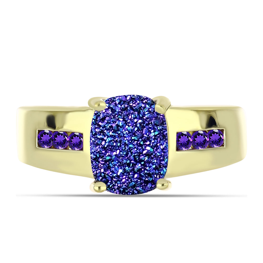 Goldplattierter Silberring mit lila Druse und marokkanischem Amethyst