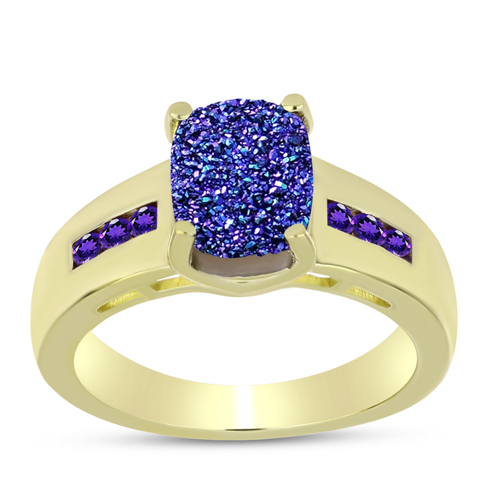 Goldplattierter Silberring mit lila Druse und marokkanischem Amethyst