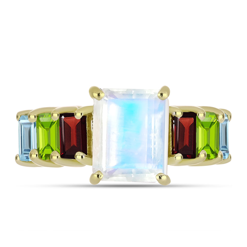 Goldplattierter Silberring mit Regenbogenmondstein und Barton Granat