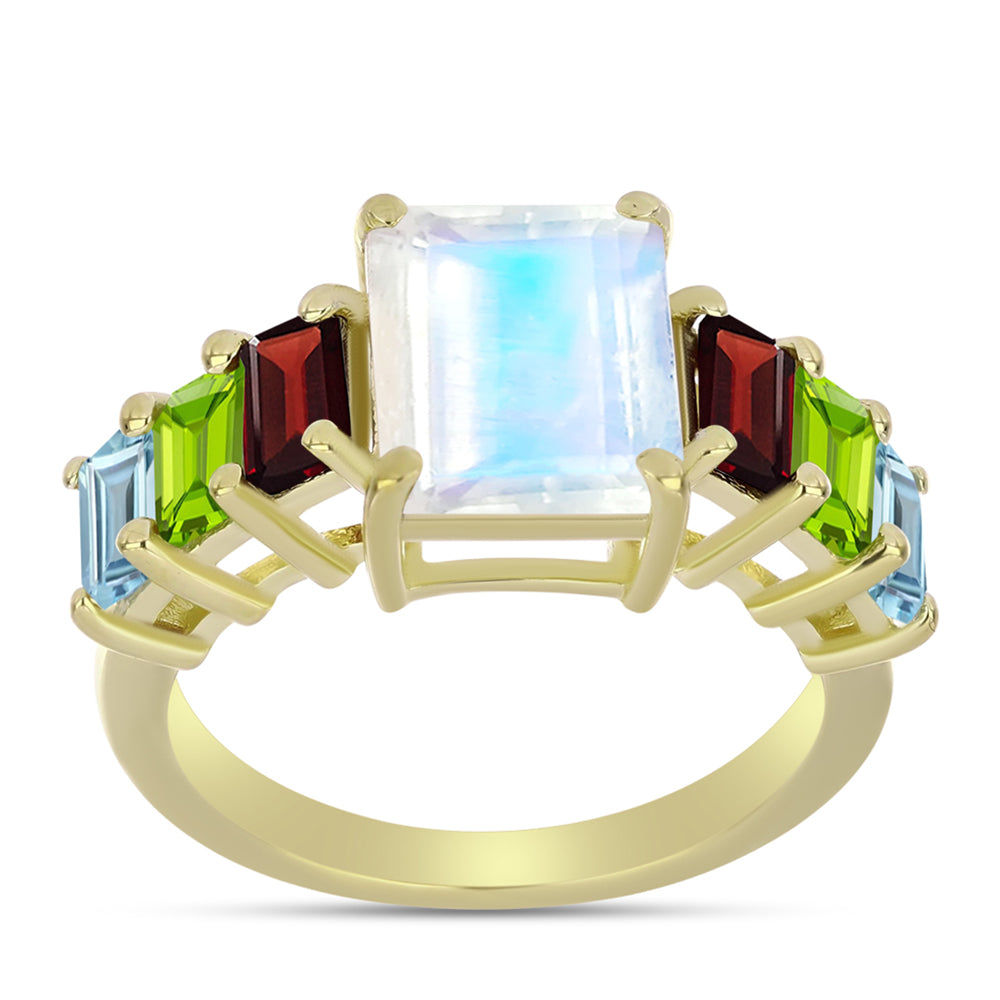 Goldplattierter Silberring mit Regenbogenmondstein und Barton Granat 3 