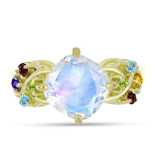 Goldplattierter Silberring mit Regenbogenmondstein und marokkanischem Amethyst