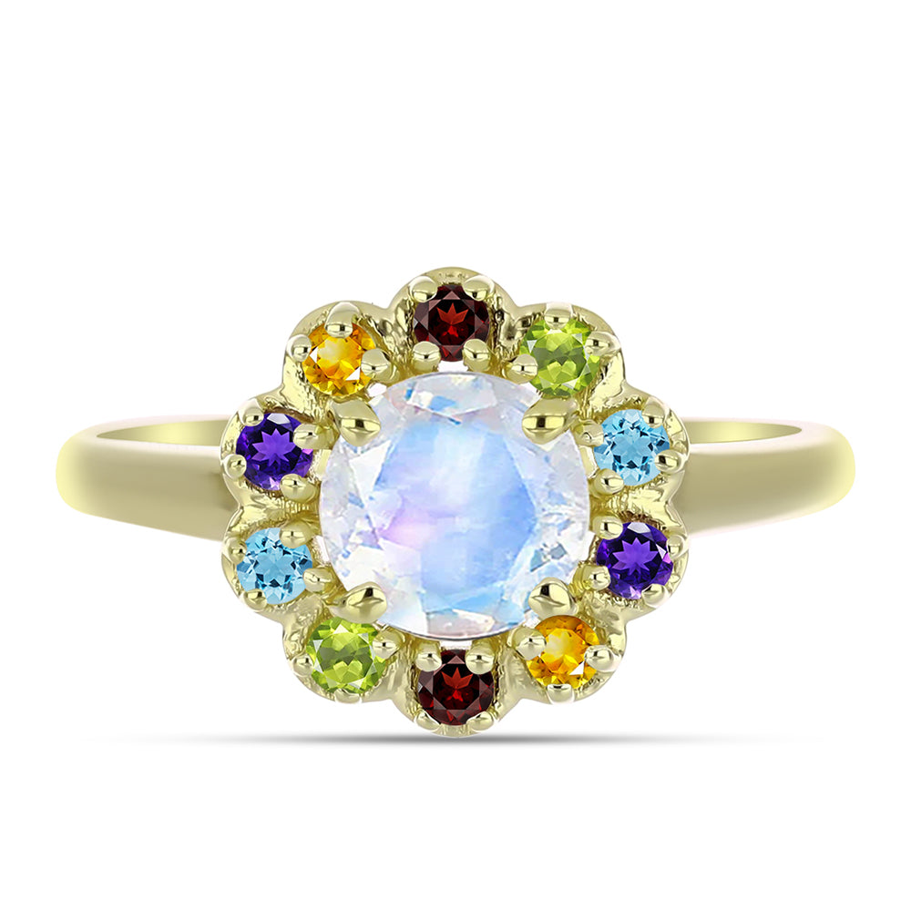 Goldplattierter Silberring mit Regenbogenmondstein und marokkanischem Amethyst 1 