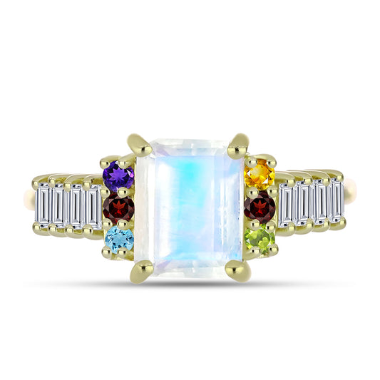Goldplattierter Silberring mit Regenbogenmondstein und marokkanischem Amethyst