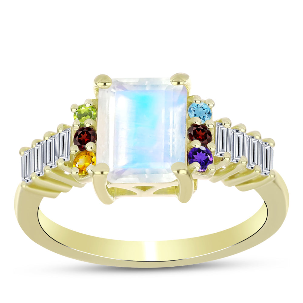 Goldplattierter Silberring mit Regenbogenmondstein und marokkanischem Amethyst