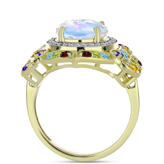 Goldplattierter Silberring mit Regenbogenmondstein und marokkanischem Amethyst