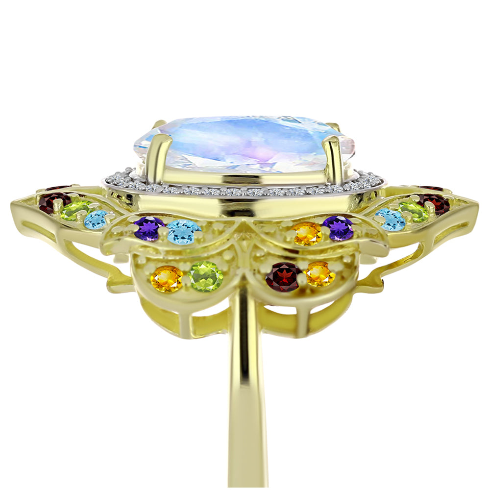Goldplattierter Silberring mit Regenbogenmondstein und marokkanischem Amethyst 8 