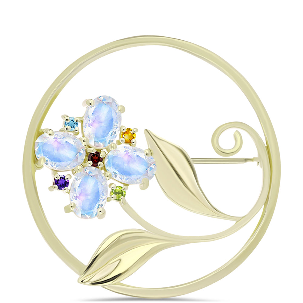 Goldplattierte Silberbrosche mit Regenbogenmondstein und marokkanischem Amethyst 3 