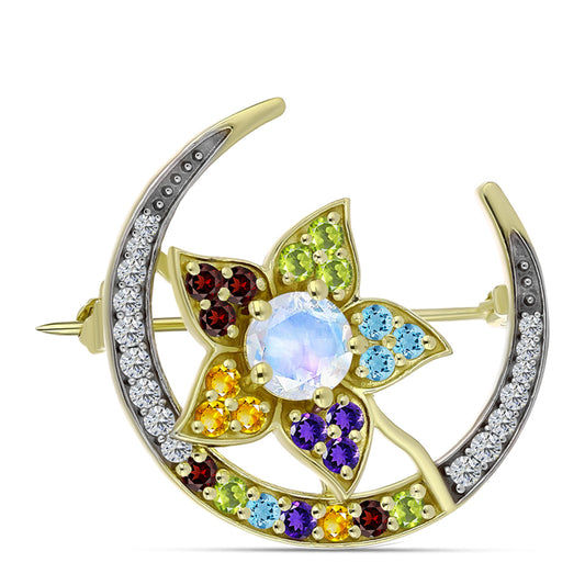 Goldplattierte Silberbrosche mit Regenbogenmondstein und marokkanischem Amethyst
