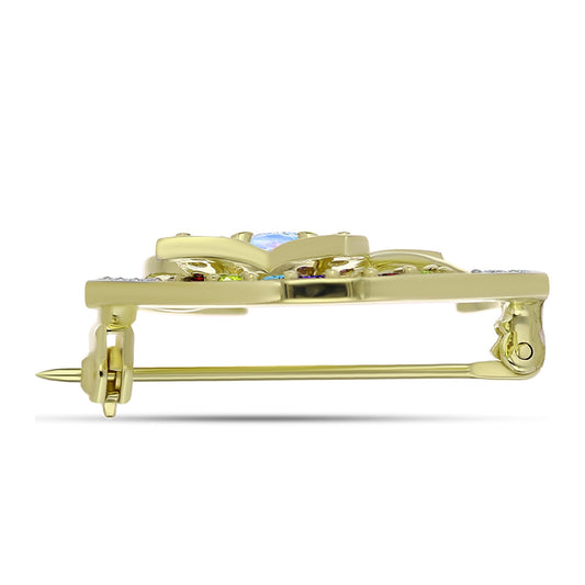 Goldplattierte Silberbrosche mit Regenbogenmondstein und marokkanischem Amethyst