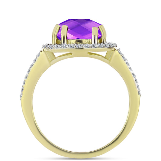 Goldplattierter Silberring mit lila Achat und weißem Topas