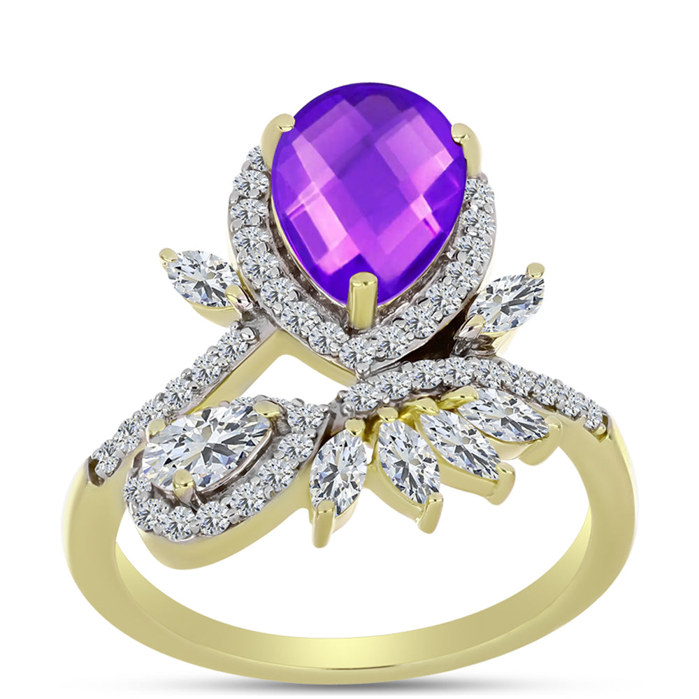 Goldplattierter Silberring mit lila Achat und weißem Topas