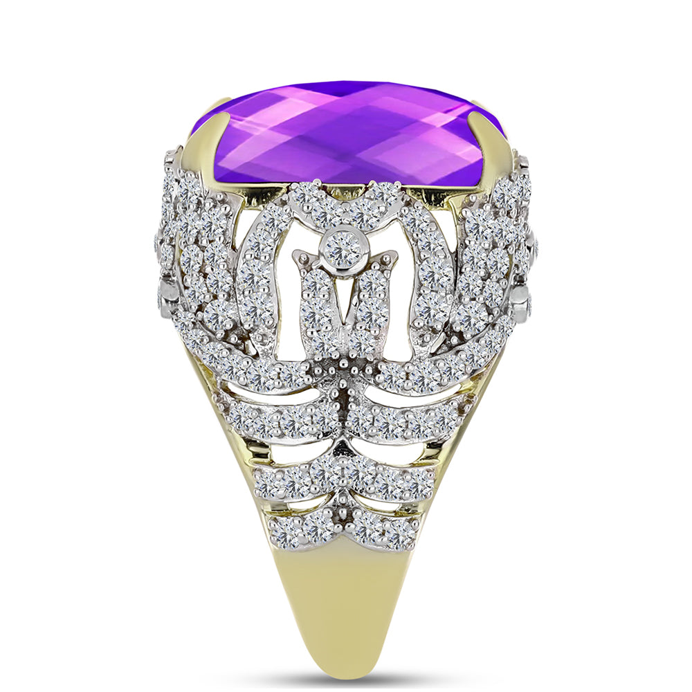 Goldplattierter Silberring mit lila Achat und weißem Topas 4 