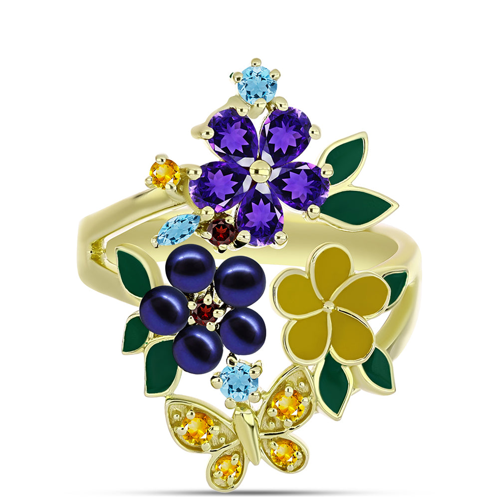 Goldplattierter Silberring mit schwarze Süßwasserperle und marokkanischem Amethyst