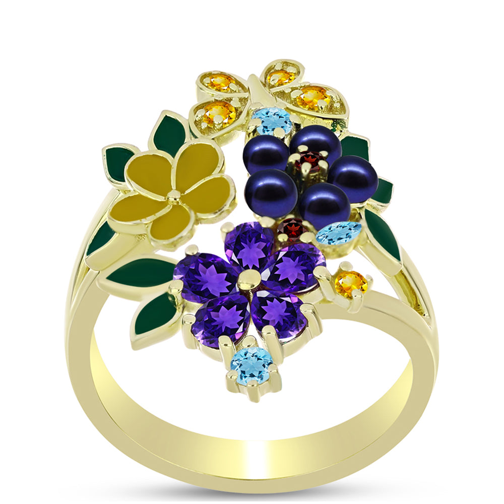 Goldplattierter Silberring mit schwarze Süßwasserperle und marokkanischem Amethyst 7 