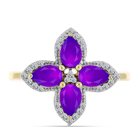 Goldplattierter Silberring mit lila Achat und weißem Topas