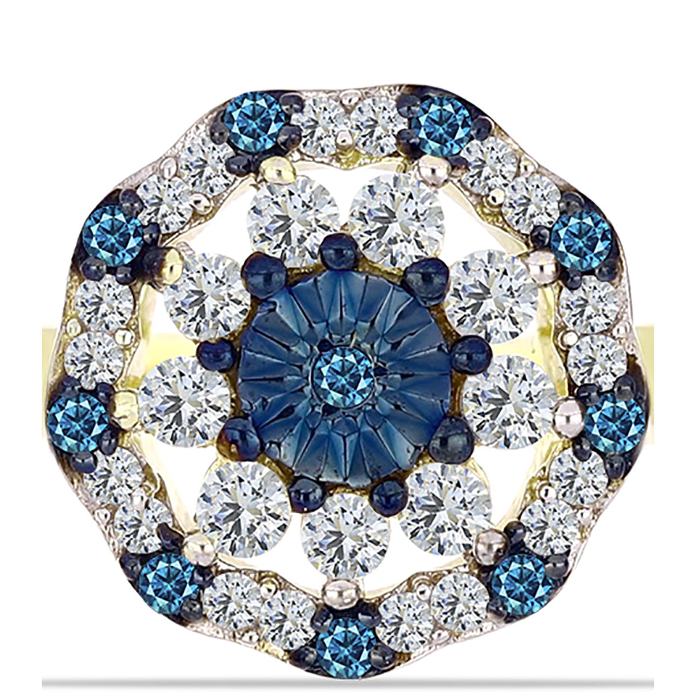 Goldplattierter Silberring mit blauem Diamant und weißem Topas 5 