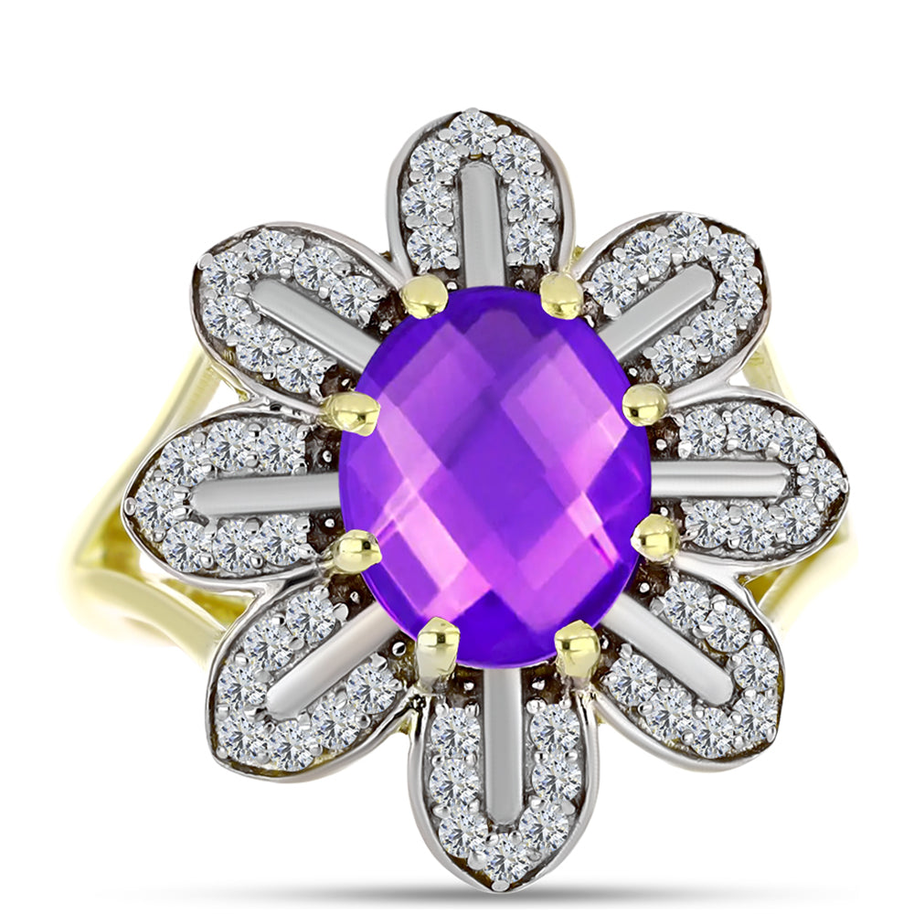 Goldplattierter Silberring mit lila Achat und weißem Topas