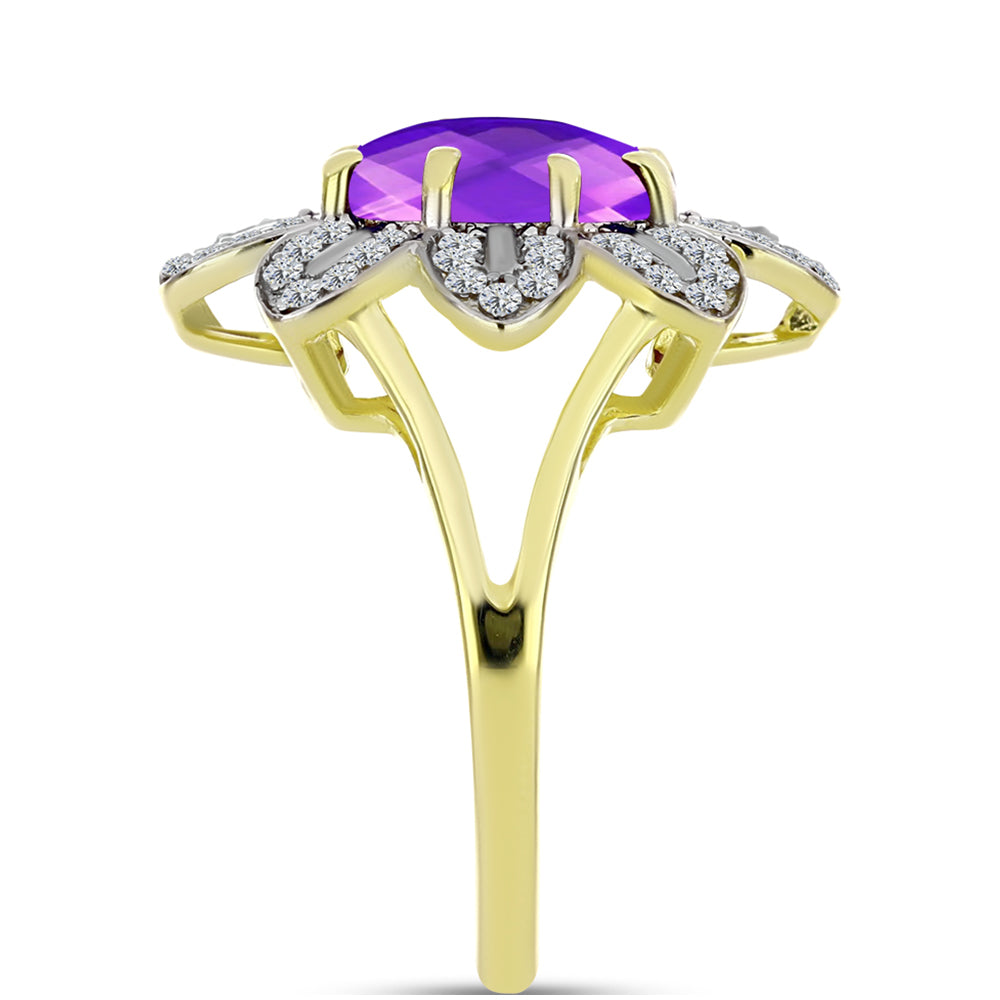 Goldplattierter Silberring mit lila Achat und weißem Topas 4 