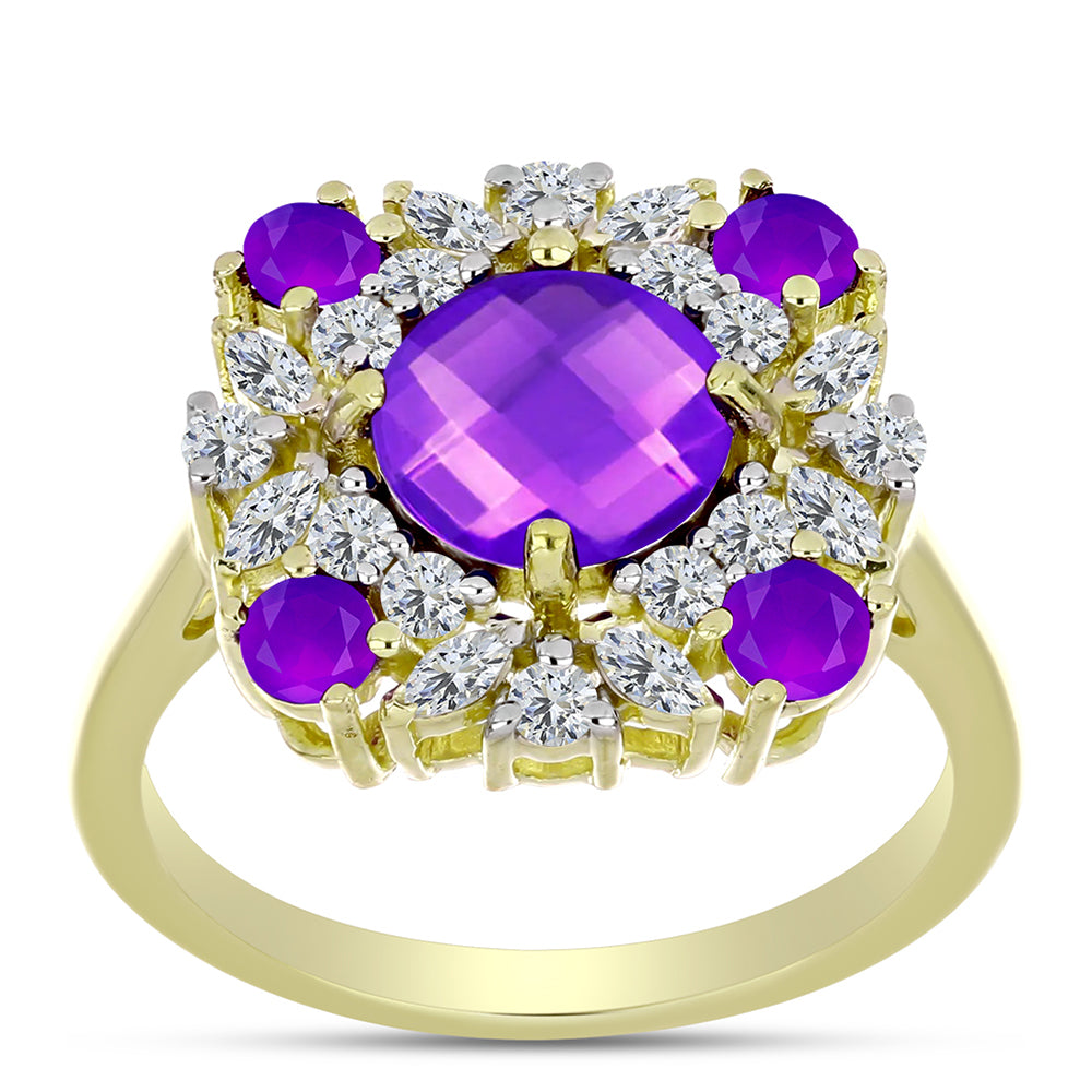 Goldplattierter Silberring mit lila Achat und weißem Topas 3 