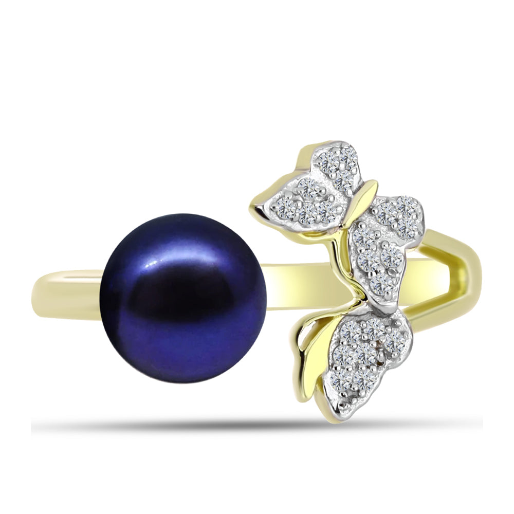 Goldplattierter Silberring mit schwarze Süßwasserperle und weißem Topas 1 