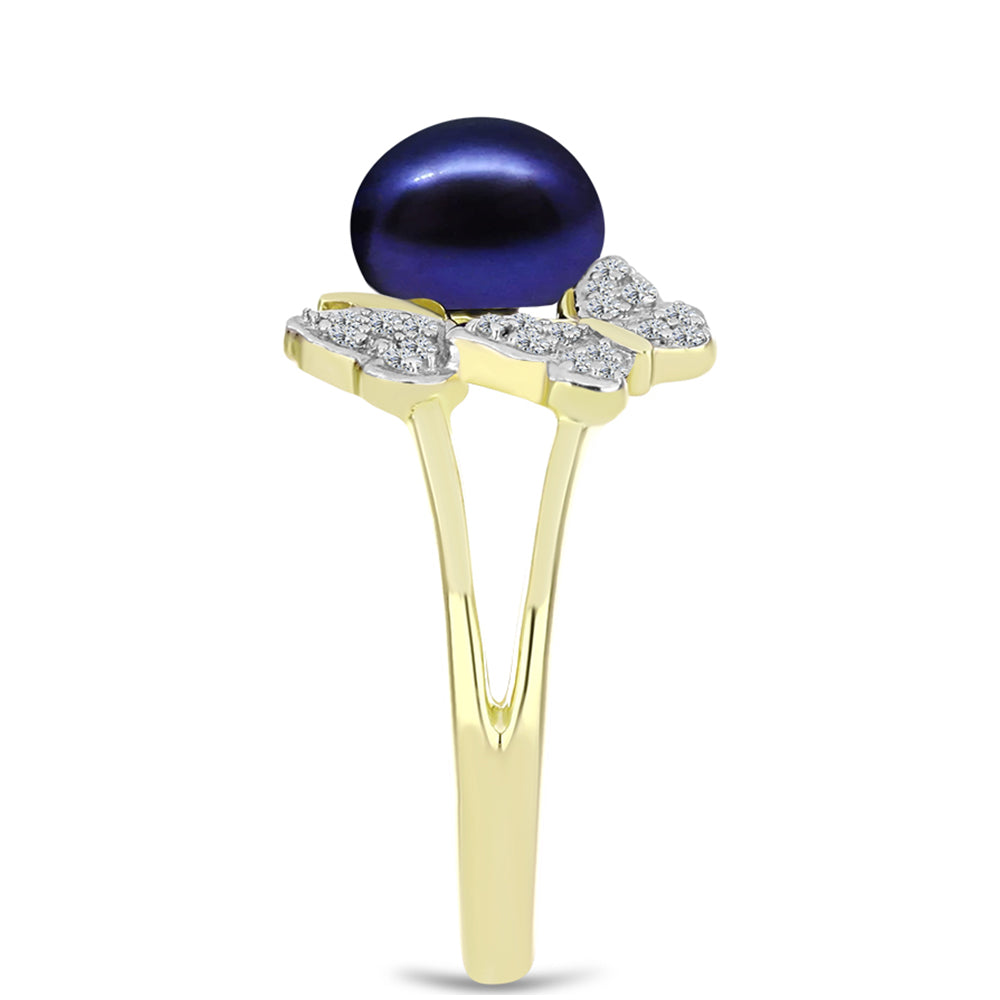 Goldplattierter Silberring mit schwarze Süßwasserperle und weißem Topas