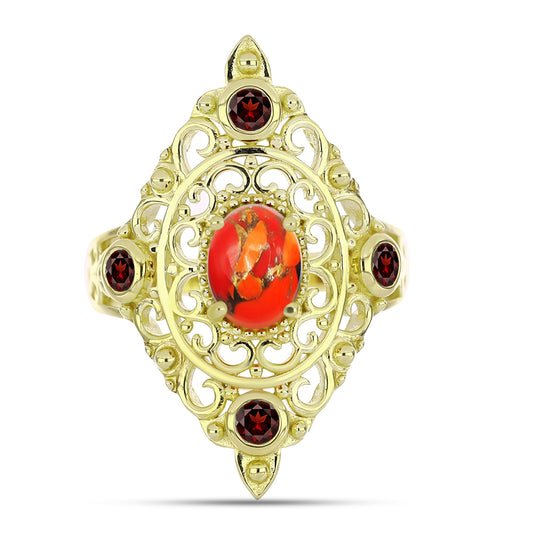 Goldplattierter Silberring mit Mohave-Türkis und Barton Granat