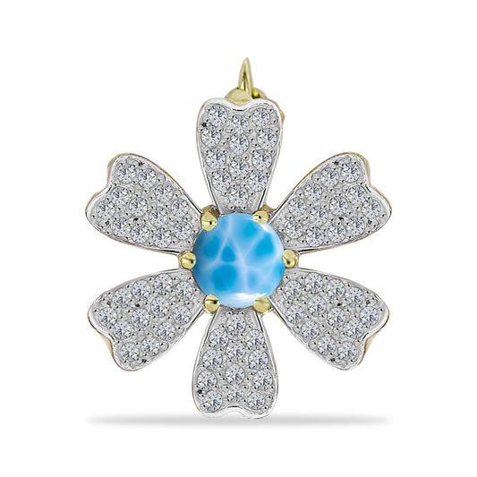 Goldplattierte Silberbrosche mit Larimar und weißem Topas