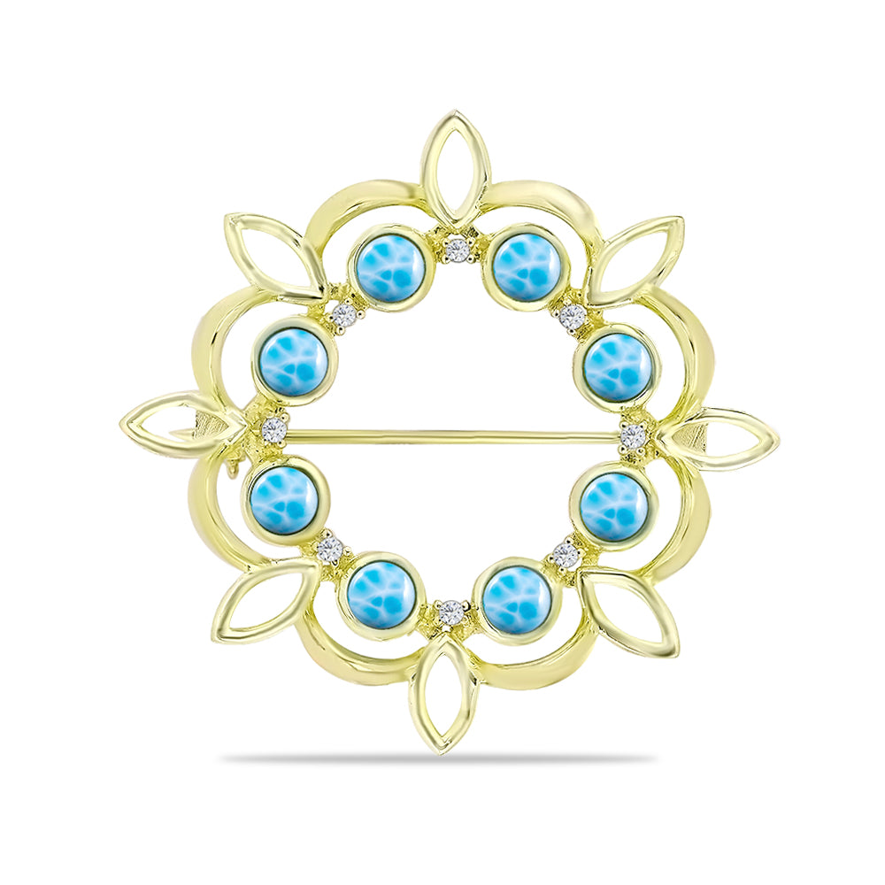 Goldplattierte Silberbrosche mit Larimar und schweizerischem Blautopas 1 