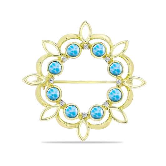 Goldplattierte Silberbrosche mit Larimar und schweizerischem Blautopas