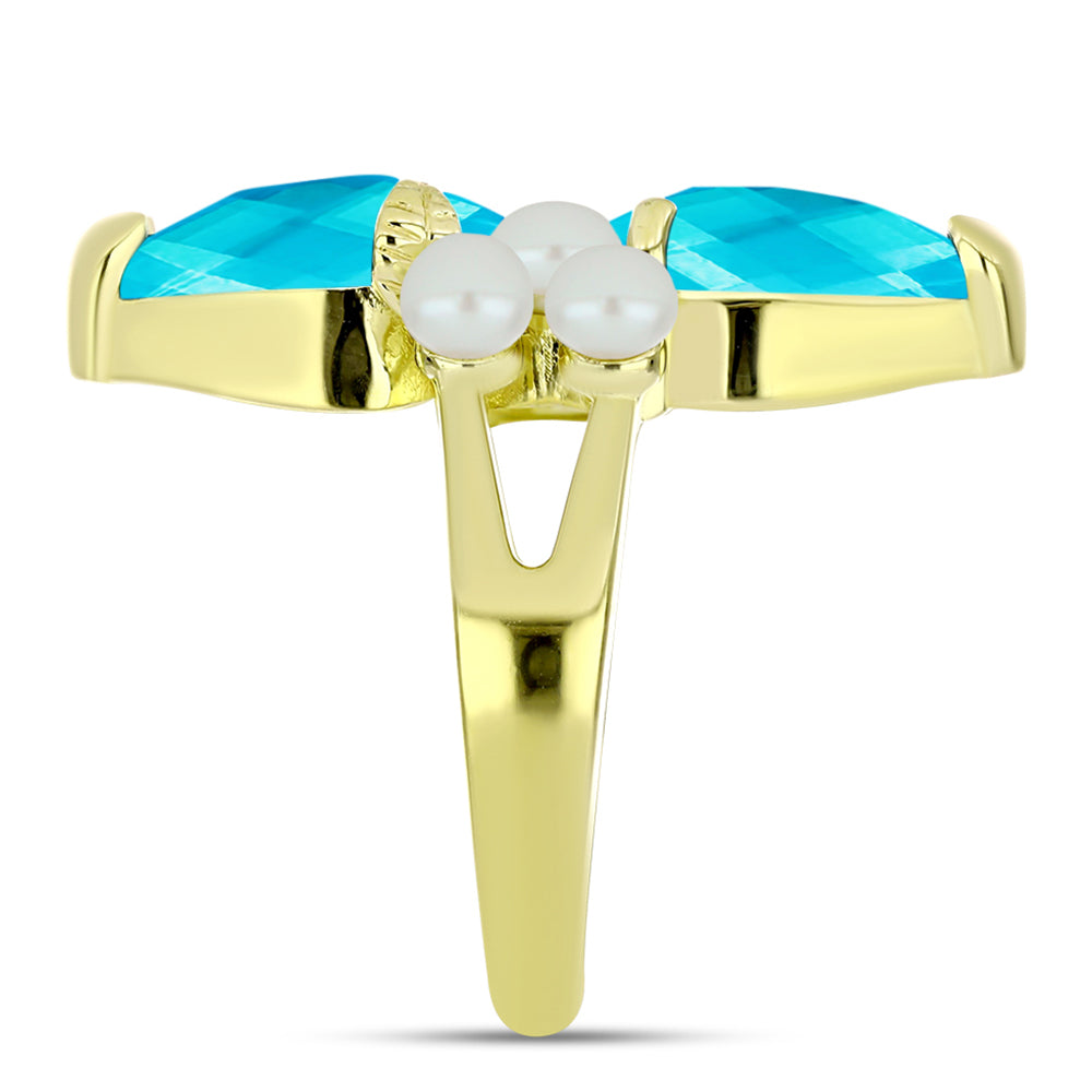 Goldplattierter Silberring mit blauem Jade und weißer Süßwasserperle
