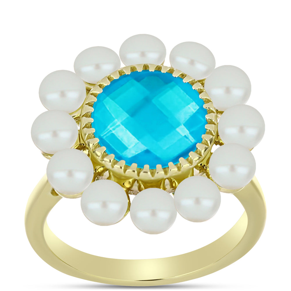 Goldplattierter Silberring mit blauem Jade und weißer Süßwasserperle