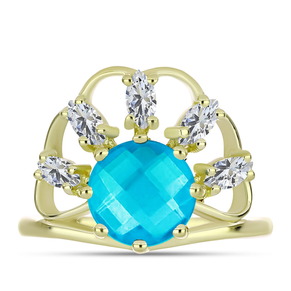 Goldplattierter Silberring mit blauem Jade und weißem Topas
