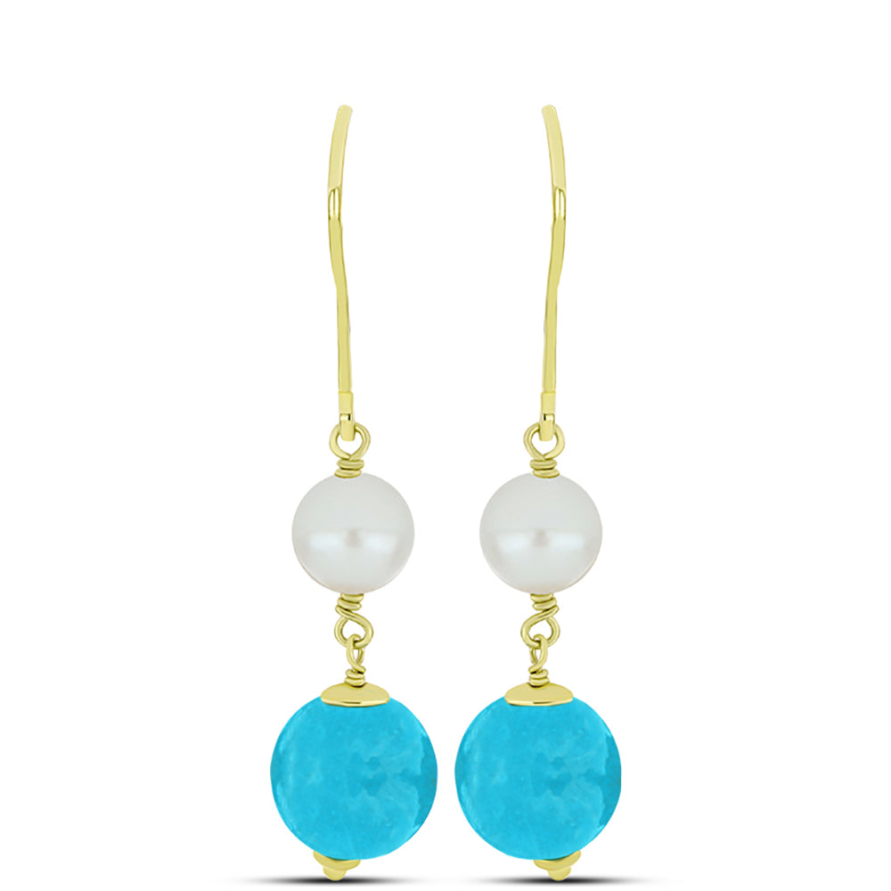 Goldplattierte Silberohrringe mit blauem Jade und weißer Süßwasserperle