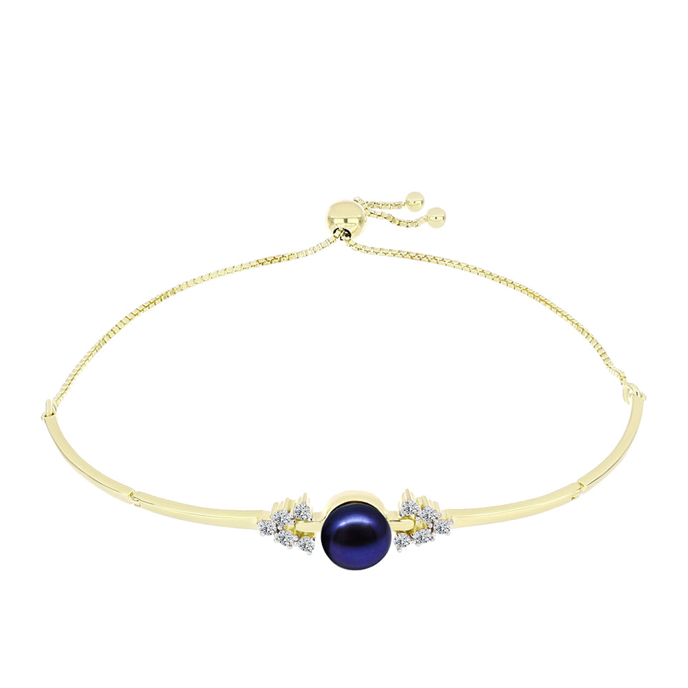 Goldplattiertes Silberarmband mit schwarzer Süßwasserperle und weißem Topas 1 