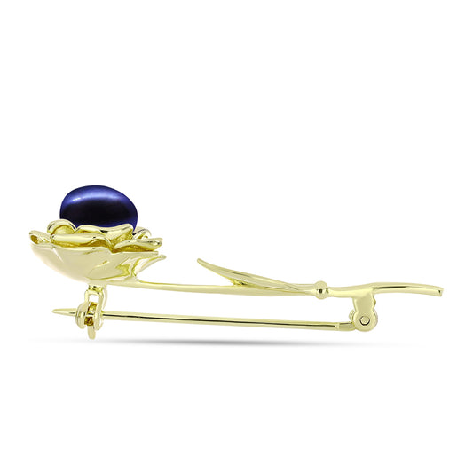 Goldplattierte Silberbrosche mit schwarzer Süßwasserperle