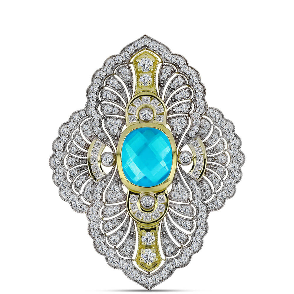 Goldplattierte Silberbrosche mit blauem Jade und weißem Topas 1 