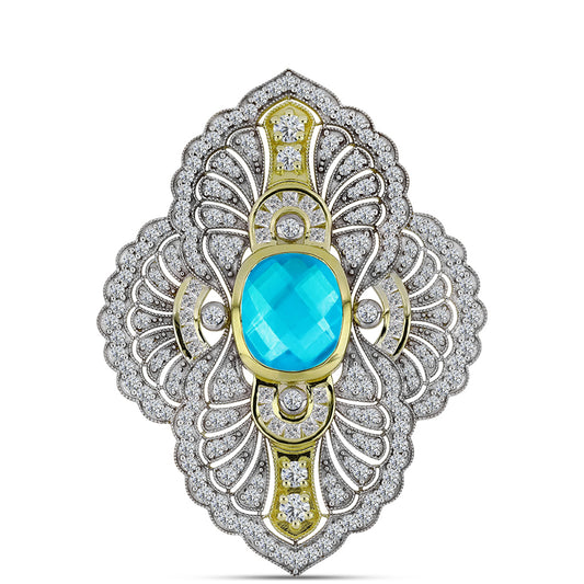 Goldplattierte Silberbrosche mit blauem Jade und weißem Topas