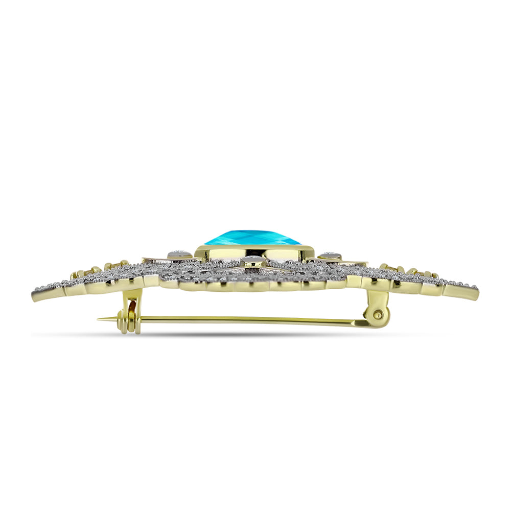 Goldplattierte Silberbrosche mit blauem Jade und weißem Topas