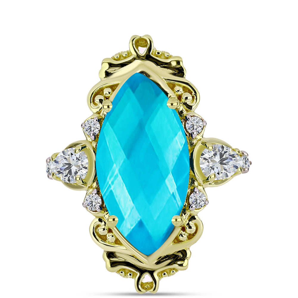 Goldplattierter Silberring mit blauem Jade und weißem Topas