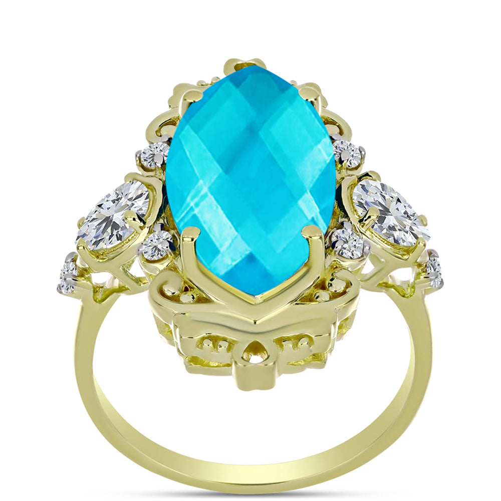Goldplattierter Silberring mit blauem Jade und weißem Topas