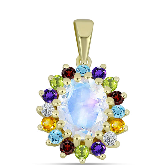 Goldplattierter Silberanhänger mit Regenbogenmondstein und marokkanischem Amethyst