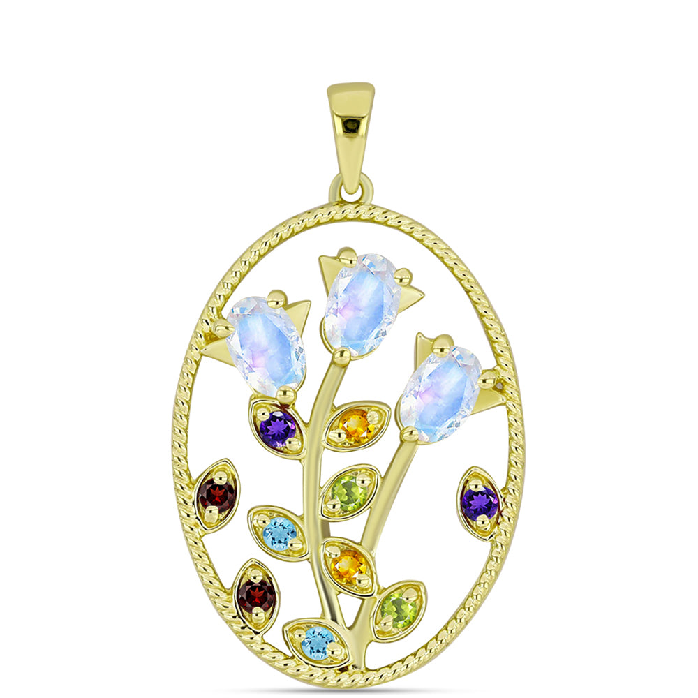 Goldplattierter Silberanhänger mit Regenbogenmondstein und marokkanischem Amethyst