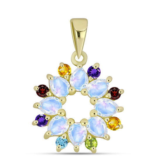 Goldplattierter Silberanhänger mit Regenbogenmondstein und marokkanischem Amethyst