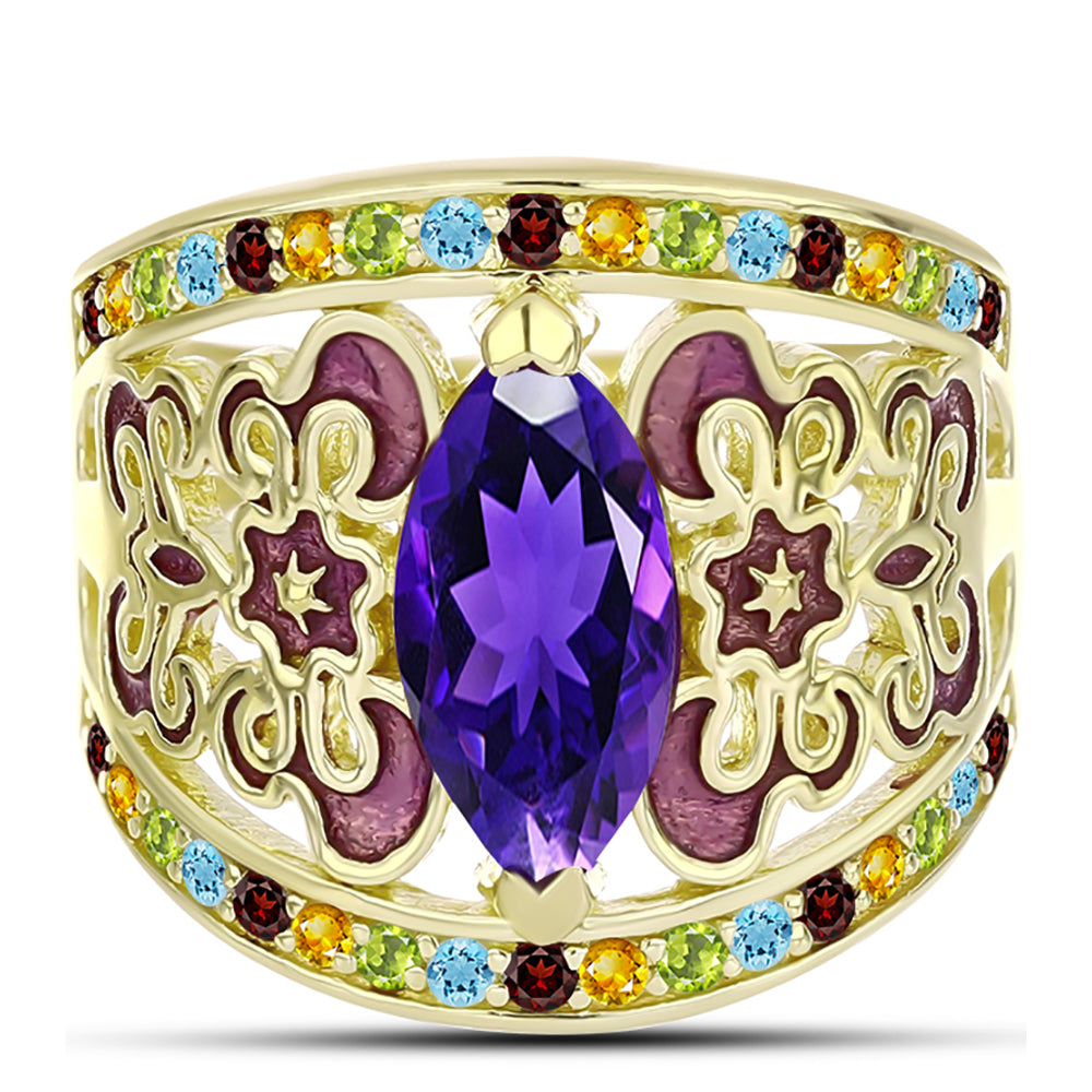 Goldplattierter Silberring mit marokkanischem Amethyst und Zitrin aus dem Ural 1 