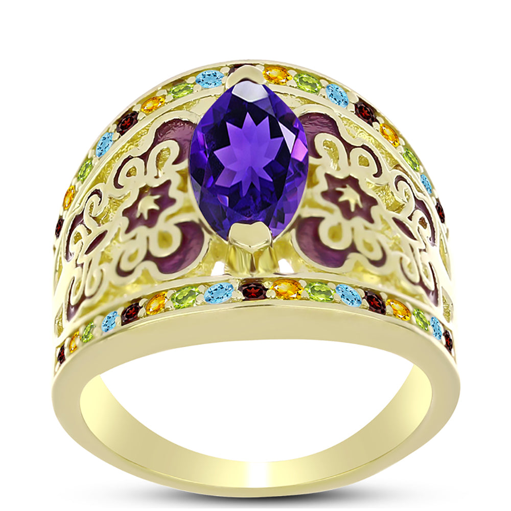 Goldplattierter Silberring mit marokkanischem Amethyst und Zitrin aus dem Ural