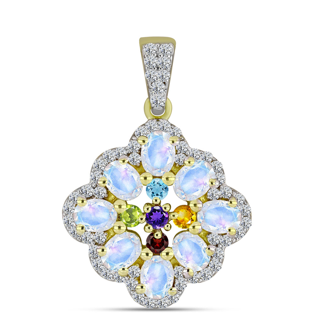 Goldplattierter Silberanhänger mit Regenbogenmondstein und marokkanischem Amethyst