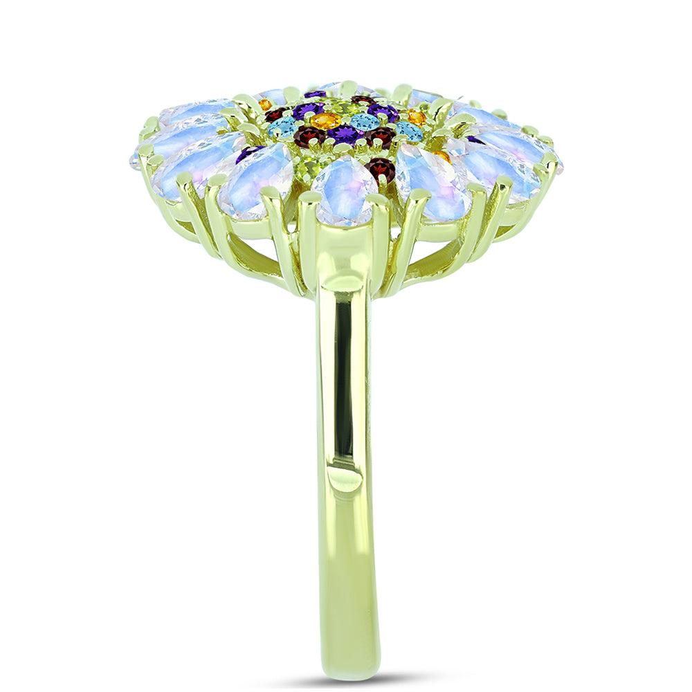 Goldplattierter Silberring mit Regenbogenmondstein und marokkanischem Amethyst