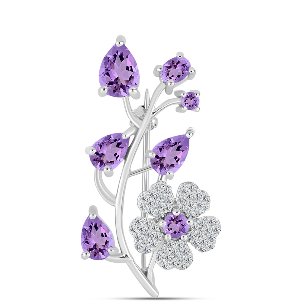 Silberbrosche mit Rose De France Amethyst und weißem Topas
