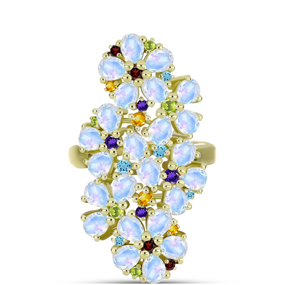 Goldplattierter Silberring mit Regenbogenmondstein und marokkanischem Amethyst